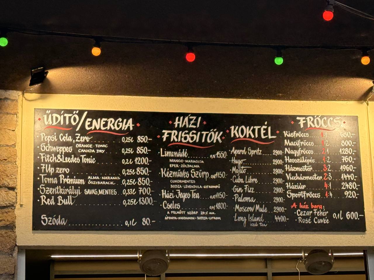 Fröccs menu on a bar in Budapest